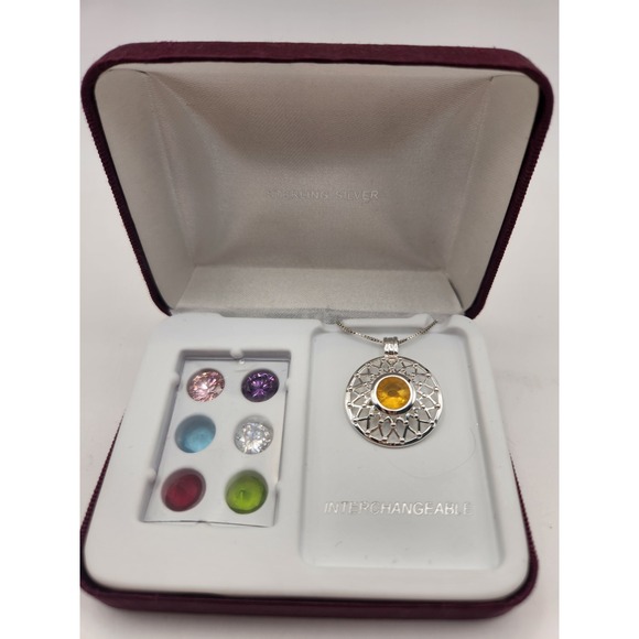 Unbranded Jewelry - Sterling Silver Interchangeable Pendant Necklace Set 7 Cubic Zirconia Stones Box